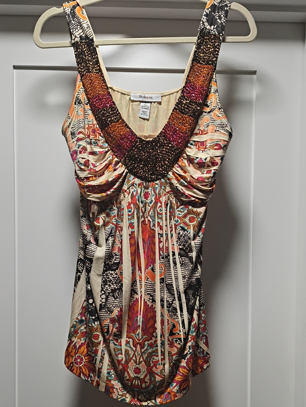 Style & Co. Cream, Pink and Orange Printed Boho Tank with Crocheted Neckline